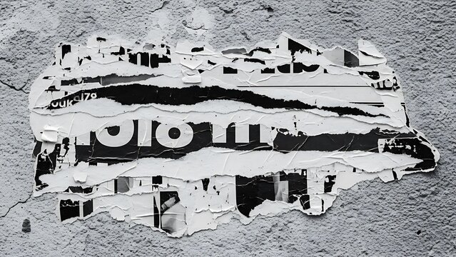 Torn black and white paper posters on a textured concrete wall