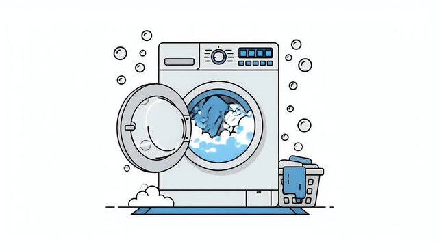 Washing Machine With Open Door And Laundry Basket Clean Clothes