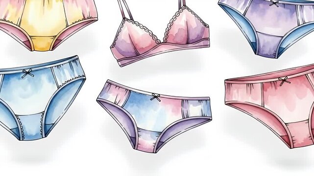 Watercolor lingerie set in pastel colors with pink purple blue yellow