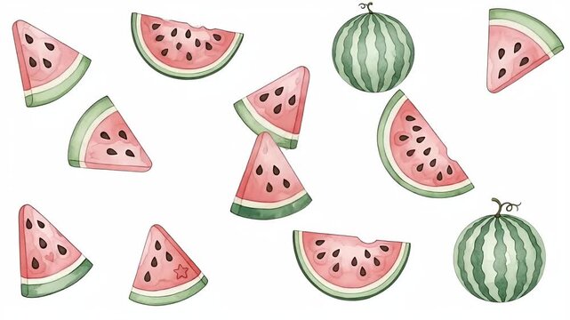 Watercolor Watermelon Slices and Whole Fruits Pattern Festive Summer Food