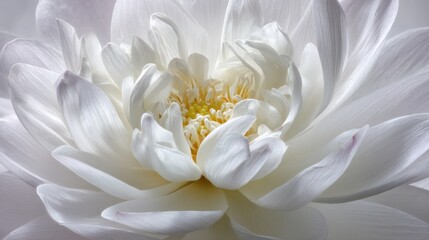 Obraz premium Close-up of a fully bloomed, pristine white flower with layers of delicate petals converging towards a yellow core. Soft lighting