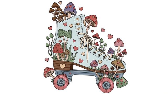 Whimsical Roller Skate Decorated with Mushrooms Hearts and Flowers on White