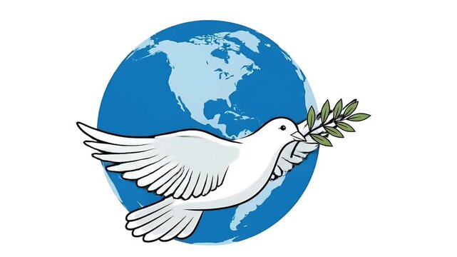 White Dove With Olive Branch Flying Over Blue Earth Globe Seamless Footage