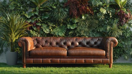 Tufted brown leather sofa before vibrant green wall of diverse plants outdoors