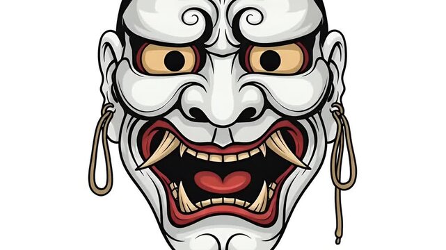 White Oni Mask With Horns And Fangs Traditional Japanese Art Illustration