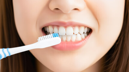 Woman Brushing Teeth Close Up Clean Oral Care Concept
