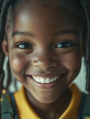 Young child with radiant smile and sparkling eyes looking directly at camera.