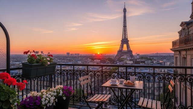 Romantic Paris balcony with Eiffel Tower view during sunset breakfast setting