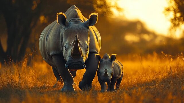Mother and baby rhino walking in golden sunset grassland