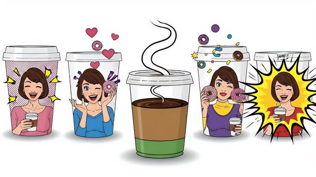 Woman Enjoying Coffee and Donuts With Various Expressions