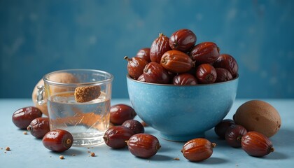 Dates fruit arrangement with separate water container, studio light, blue background