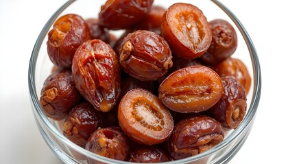 Obraz premium Sliced dates fruit in small bowl with water glass, white background