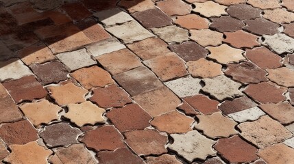 Close-up of a sunlit, aged terracotta tile floor composed of irregularly shaped tiles in varying shades of brown and tan. Soft shadows