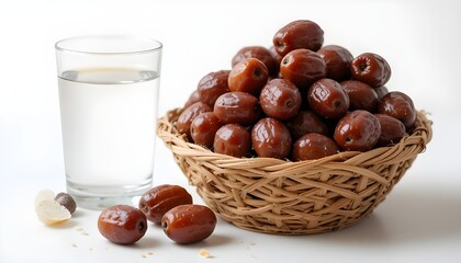 Obraz premium Organic dates fruit in basket with water glass beside, white background
