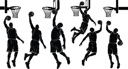 Basketball slam dunk silhouette vector, athletic pose, black illustration, hoop action icon, sports motion, dynamic jump, player © MstSuborna