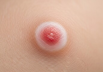 Fototapeta premium Closeup view of a red and white skin bump on human skin, showing detailed texture and color variation