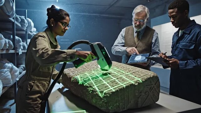 Scientists inspecting a large block of material in a laboratory setting.
