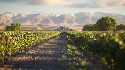 Aerial view of a sunny day in the vineyard near mountains.