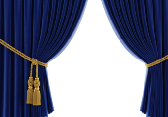Luxurious deep sapphire blue velvet theatre curtain with rich texture, tied back by a golden rope and tassel, white studio background with copy space. concept of theatrical grandeur