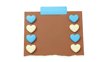 Brown paper with blue and cream hearts and blue label