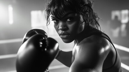 A woman focused on her boxing training. She is wearing gloves and appears to be in a gym environment.
