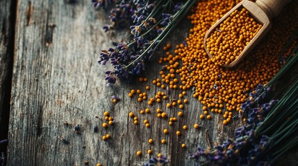 Close-up of vibrant orange seeds with blue lavender flowers on wooden surface