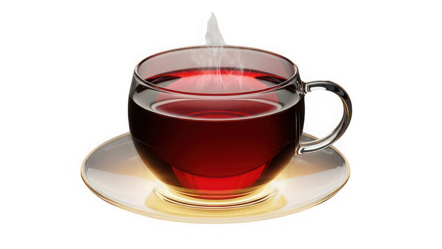 A steaming cup of red tea in a clear glass cup on a white saucer against a black background