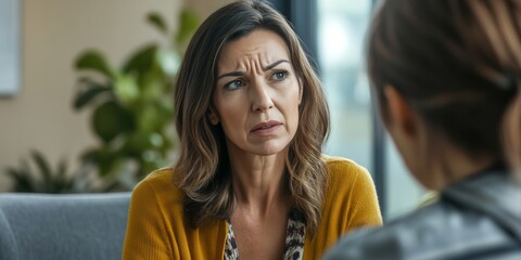 A woman sitting and looking up at a man, appearing engaged in an important discussion.