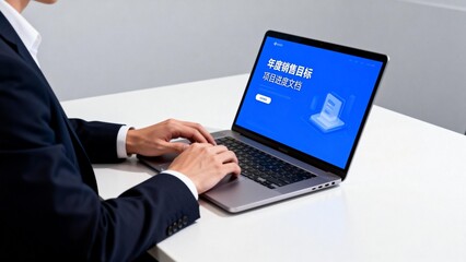 Person working on laptop with sales target document