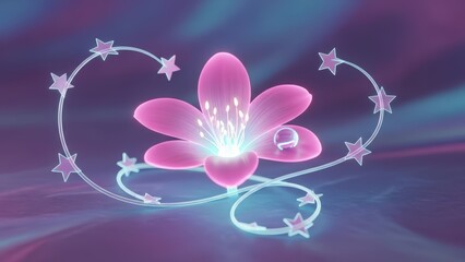 Glowing pink flower with starry aura in purple background