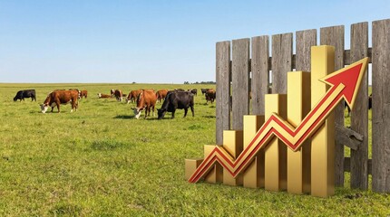 3D Rising Chart Over Ranch with Grazing Beef Cattle