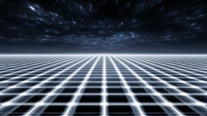 Blue energy grid with slow drifting highlights under starry night sky showcasing futuristic calm digital landscape illuminated by vibrant blue light