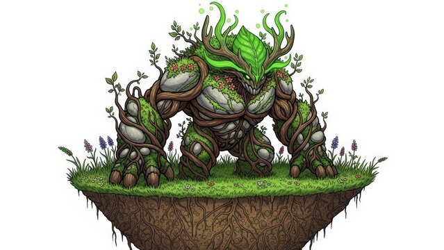 Vibrant treant creature standing on grassy terrain with roots