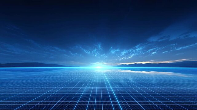 Digital blue grid landscape with glowing horizon and cloudy sky, futuristic technology scene over calm water and distant mountains dusk creating