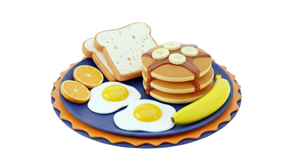 3D Rendered Breakfast Plate with Pancakes, Eggs, Toast, and Fruit