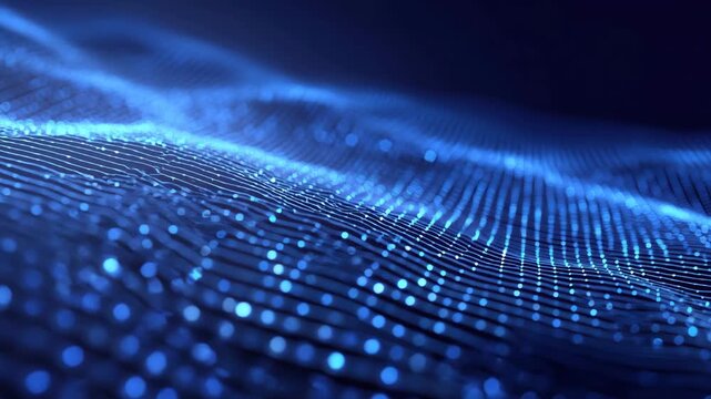 Blue gradient grid with gentle light waves and glowing dots forming smooth flowing digital wave and dynamic glowing dot landscape dark digital light