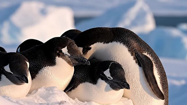 A heartwarming close-up shot captures a group of penguins huddling closely together on a pristine snowy landscape, bathed in the soft glow of natural light. Their black and white feathers contrast bea