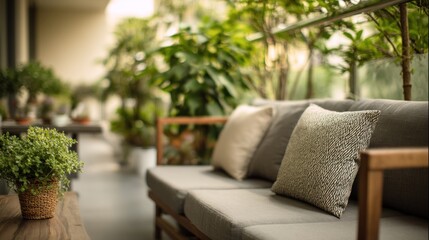 Naklejka premium Lush, inviting balcony scene w/ sofa, pillows, plants, blurring for a peaceful, relaxed feel