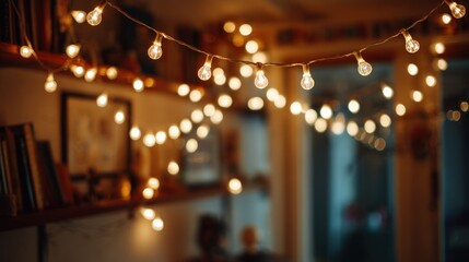 Warm, inviting indoor scene. String lights softly illuminate the room and bookshelves. The depth of field gives a dreamy and cozy feel to the atmosphere