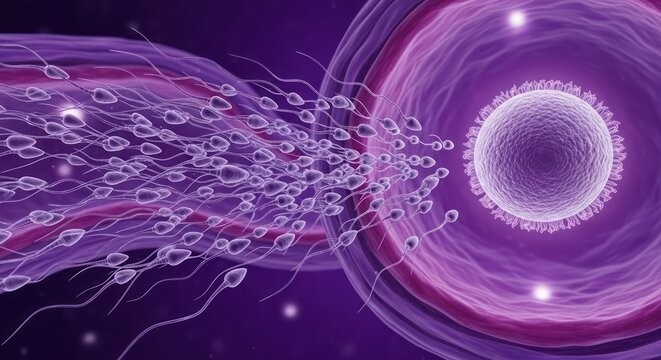 Conception visualization showing the union of the egg and spermatozoon in purple color scheme