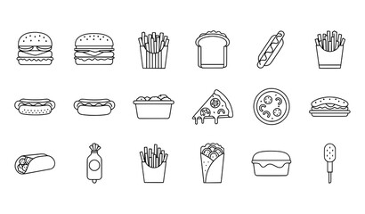 Fast Food Thin Line Icons Vector Set for Restaurant Menus