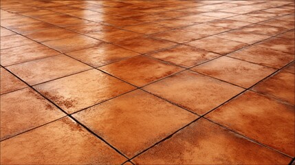 Smooth, glossy terracotta tiles cover a floor with dark grouting, reflecting light and creating a repetitive pattern