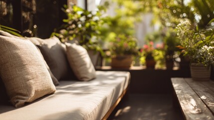 Naklejka premium Sunlit patio with pillows, plants, and a blurred background of foliage and soft light