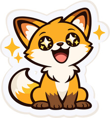 Cute cartoon fox with sparkling star eyes expressing excitement and admiration, kawaii vector sticker illustration ideal for emotions, reactions, and playful designs.