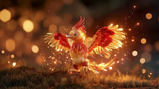 A baby phoenix with small flaming wings learning to fly, hovering just above the ground with sparks trailing behind, soft glowing feathers in red and gold, warm magical atmosphere