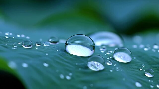 Water droplets on a green leaf surface with blurred background.