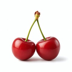 two red cherries with green stems on a white background