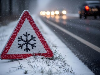 Triangular road sign with a snowflake symbol covered in snow, warning of icy and slippery roads, representing winter driving safety and hazardous weather conditions, red triangular road