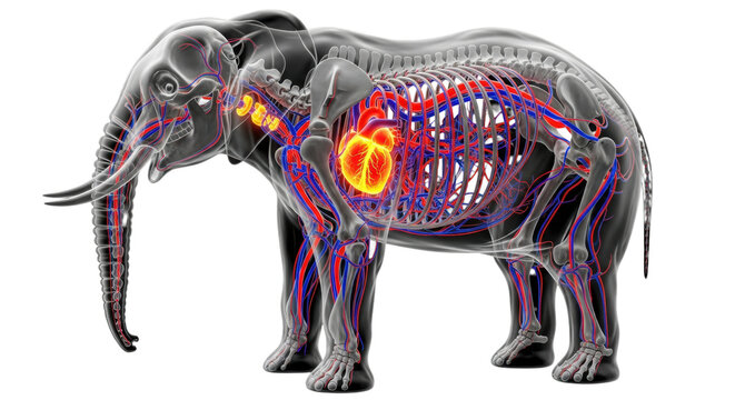 high-tech cgi of african elephant vascular anatomy, heart glowing orange, arteries red, veins sapphire blue, ghosted skeleton on vantablack background. concept of extreme bioluminescent x-ray vision