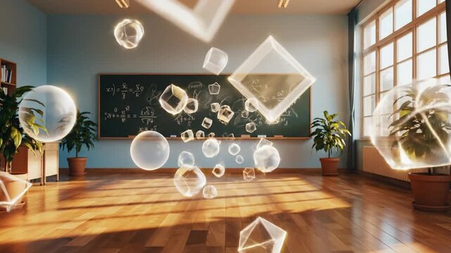 Futuristic Classroom with Floating Geometric Shapes and Glowing Light Effects